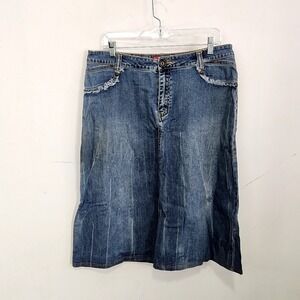 Style J Denim Skirt Womens 34 Blue Y2K Distressed Raw Edge Midi Jean Skirt